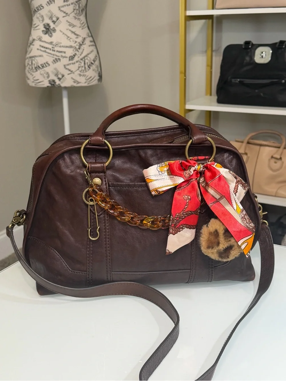 Frye Melissa Domed Satchel Dark Brown Leather with Red Accent Scarf & Charms